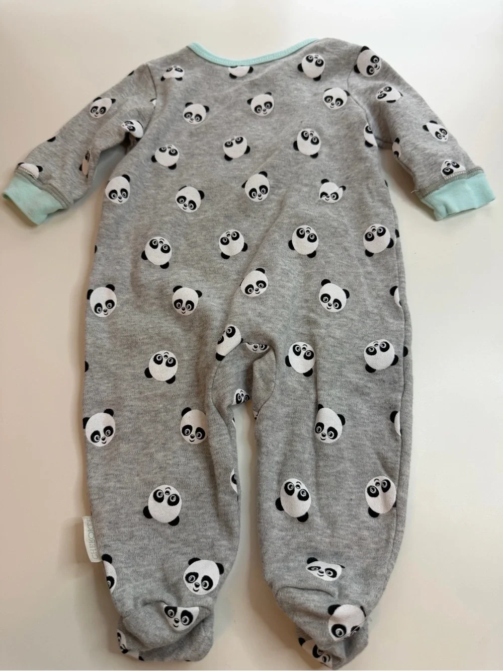 Cherokee Gray Panda Print Footed One-Piece with Mint Trim